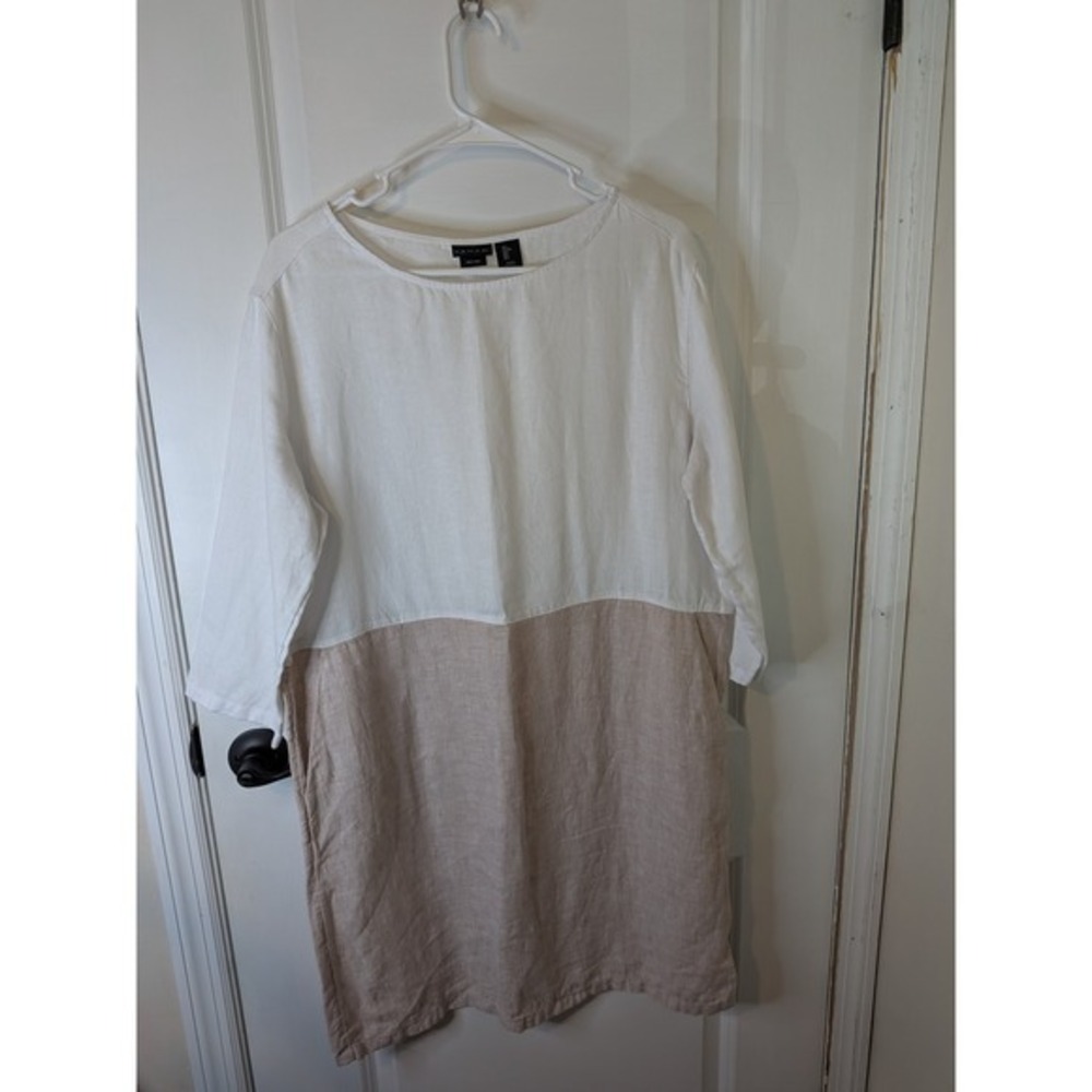 Tahari 100% Linen Colorblock Shift Dress White Tan 3/4 Sleeve Large Coastal